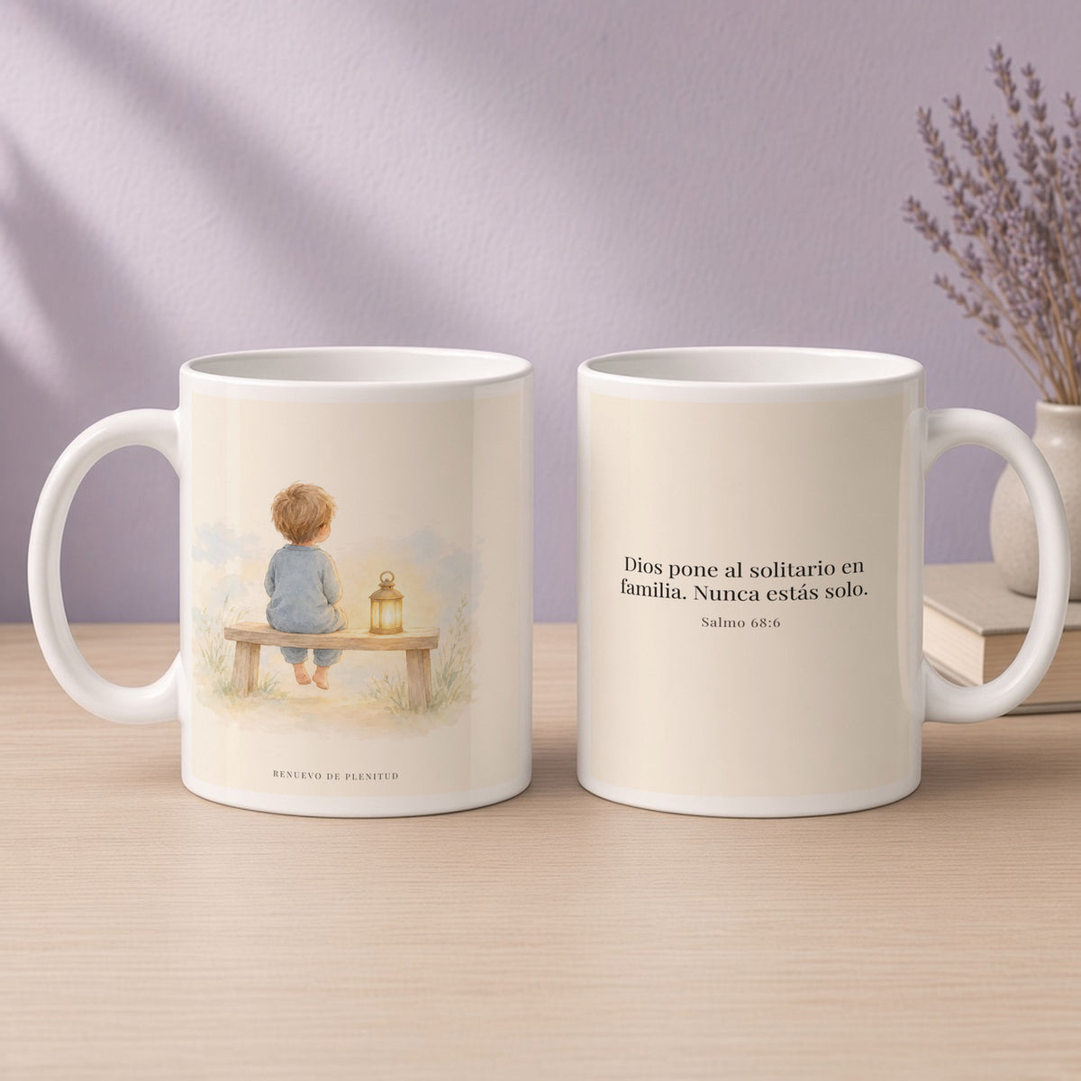 Dios pone al solitario en familia | Taza devocional de fe | Salmo 68:6 — 15oz · Devocional lavanda, arte y frase devocional en dos tazas