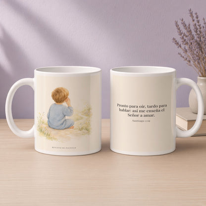 Pronto para oír dice el Señor | Taza cristiana para regalar | Santiago 1:19 — 15oz · Devocional lavanda, arte y frase devocional en dos tazas