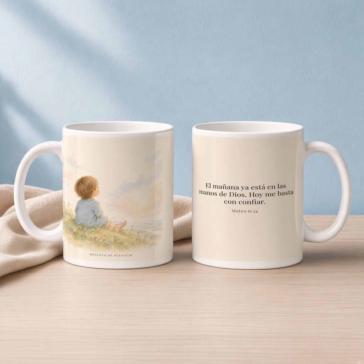 El mañana ya está en las manos de Dios | Taza de fe para cada mañana | Mateo 6:34 — 15oz · Lectura azul sereno, arte y frase devocional en dos tazas