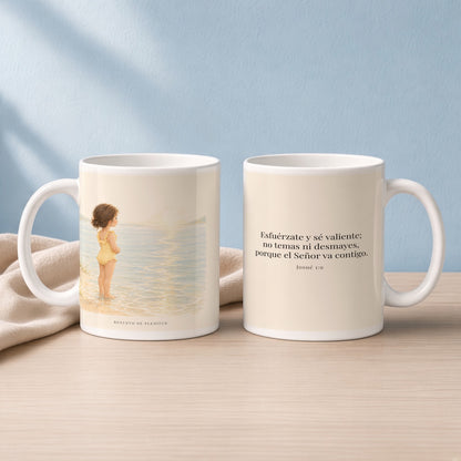 Esfuérzate y sé valiente | Taza de inspiración bíblica | Josué 1:9 — 15oz · Lectura azul sereno, arte y frase devocional en dos tazas