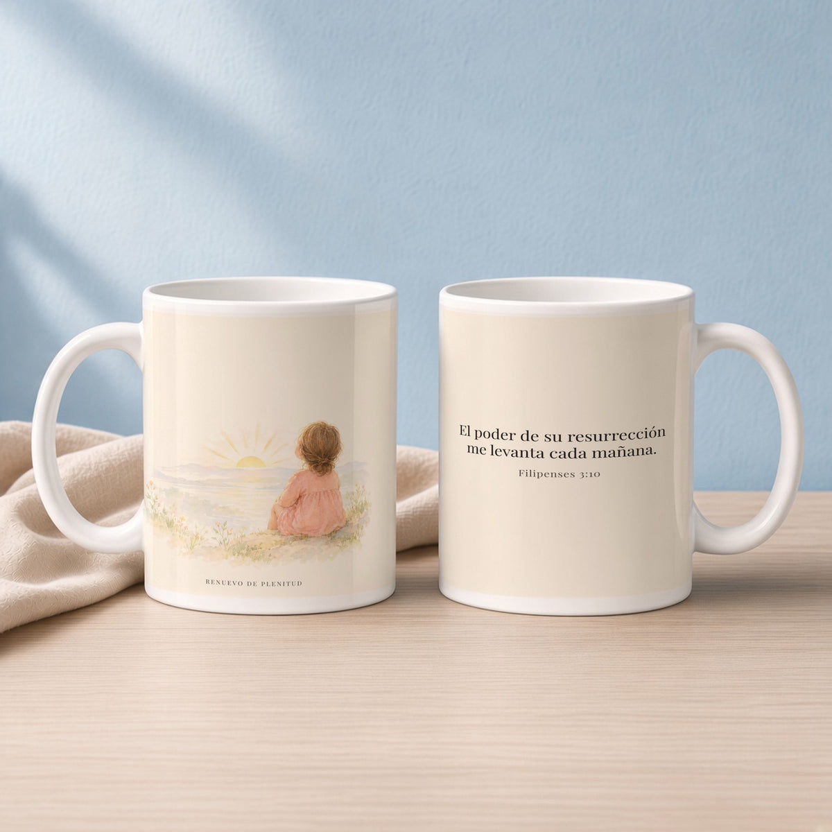 El poder de su resurrección me levanta | Taza de fe para cada mañana | Filipenses 3:10 — 15oz · Lectura azul sereno, arte y frase devocional en dos tazas
