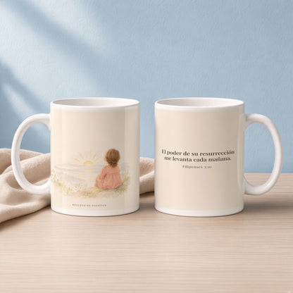 El poder de su resurrección me levanta | Taza de fe para cada mañana | Filipenses 3:10 — 15oz · Lectura azul sereno, arte y frase devocional en dos tazas