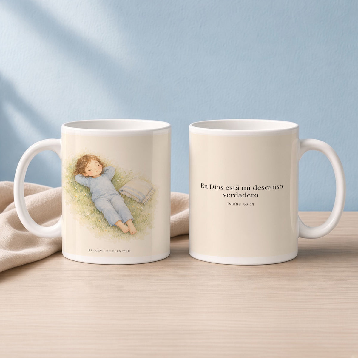 En Dios está mi descanso verdadero | Taza cristiana para regalar | Isaías 30:15 — 15oz · Lectura azul sereno, arte y frase devocional en dos tazas