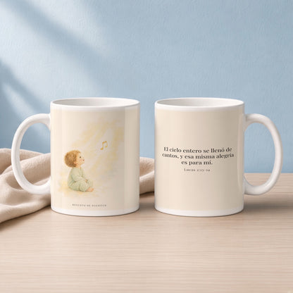 El ejército del cielo canta mi alegría | Taza de inspiración bíblica | Lucas 2:13-14 — 15oz · Lectura azul sereno, arte y frase devocional en dos tazas