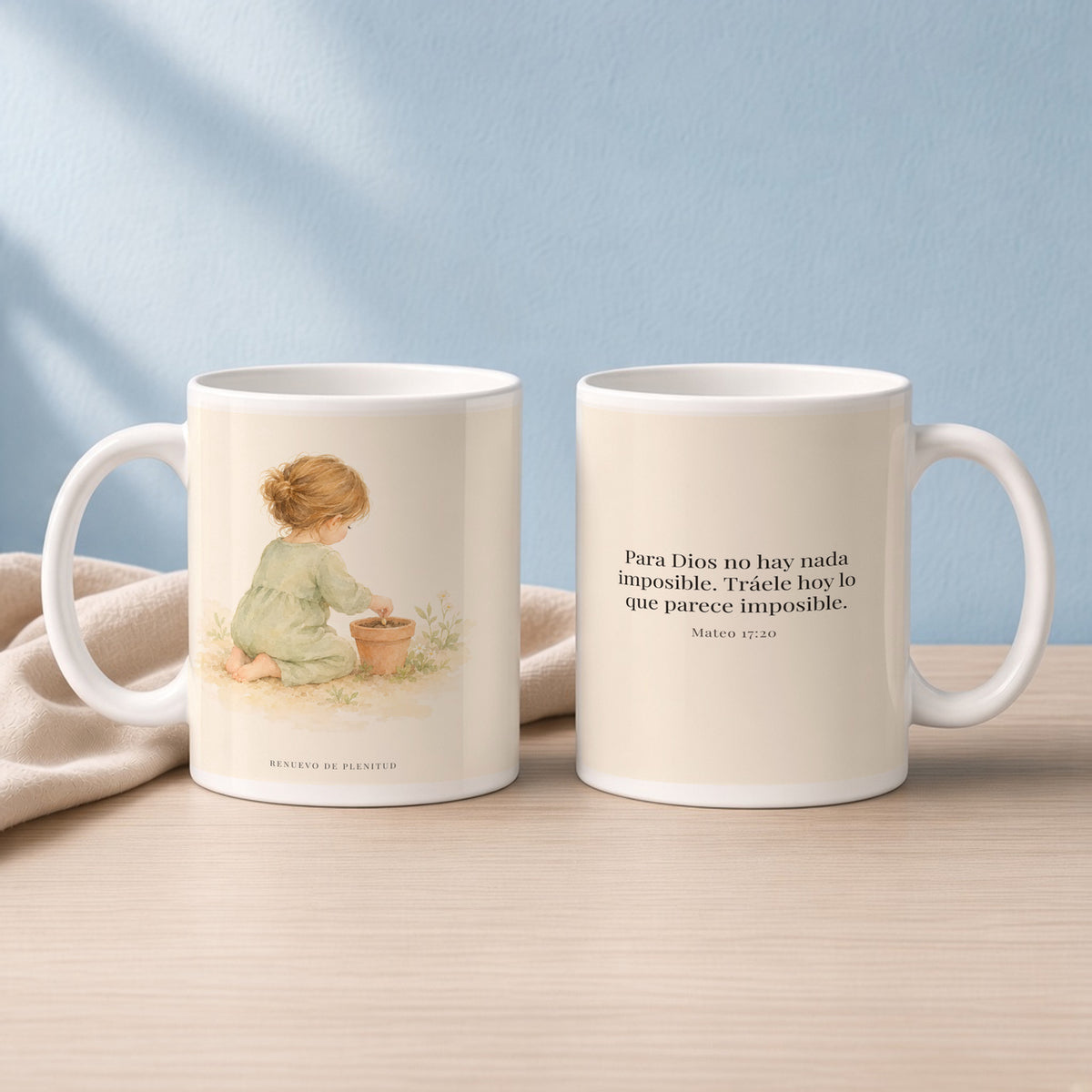 Nada hay imposible para Dios | Taza devocional de fe | Mateo 17:20 — 15oz · Lectura azul sereno, arte y frase devocional en dos tazas