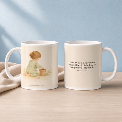 Nada hay imposible para Dios | Taza devocional de fe | Mateo 17:20 — 15oz · Lectura azul sereno, arte y frase devocional en dos tazas