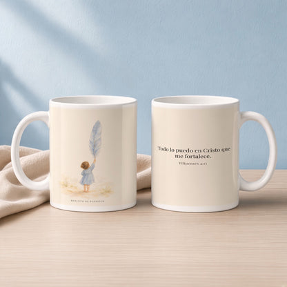 Todo lo puedo en Cristo que me fortalece | Taza bíblica para café | Filipenses 4:13 — 15oz · Lectura azul sereno, arte y frase devocional en dos tazas