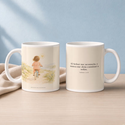 El Señor me aconseja con amor | Taza cristiana con frase devocional | Salmo 32:8 — 15oz · Lectura azul sereno, arte y frase devocional en dos tazas
