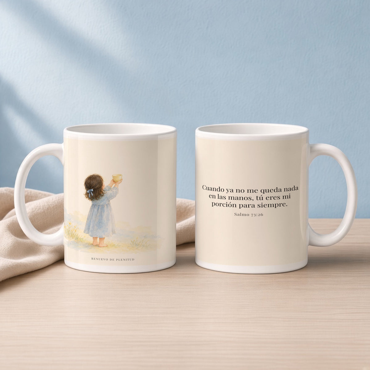 Mi porción eres tú, Señor | Taza devocional ilustrada | Salmo 73:26 — 15oz · Lectura azul sereno, arte y frase devocional en dos tazas