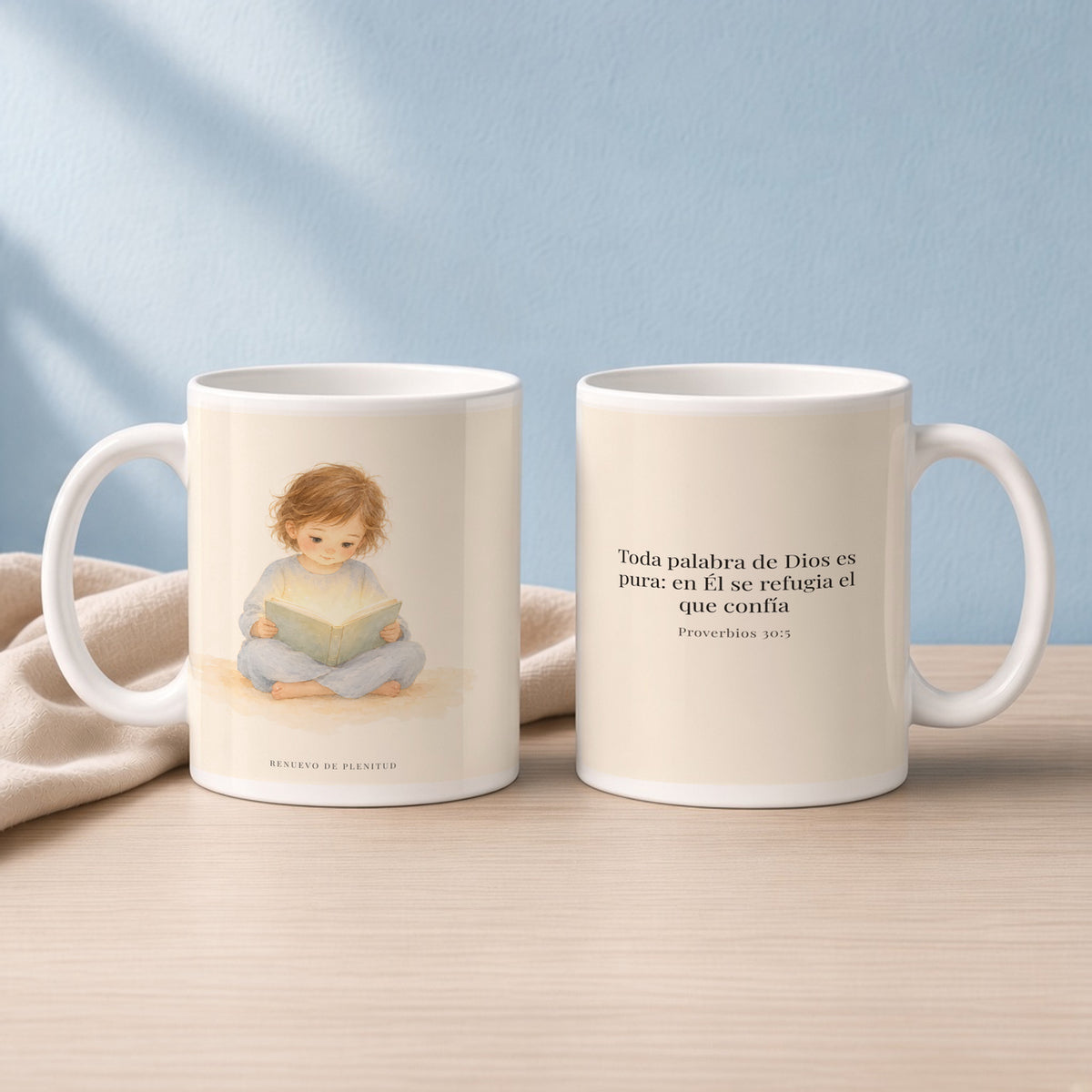 Toda palabra de Dios es limpia | Taza devocional de fe | Proverbios 30:5 — 15oz · Lectura azul sereno, arte y frase devocional en dos tazas