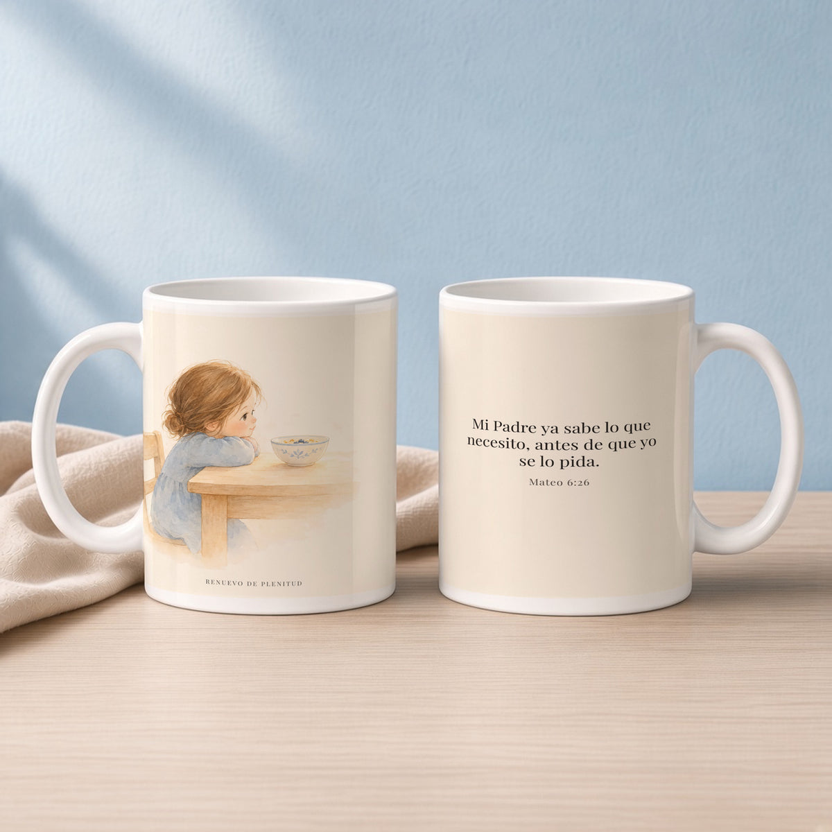 Mi Padre sabe lo que necesito | Taza de inspiración bíblica | Mateo 6:26 — 15oz · Lectura azul sereno, arte y frase devocional en dos tazas