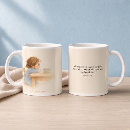 Mi Padre sabe lo que necesito | Taza de inspiración bíblica | Mateo 6:26 — 15oz · Lectura azul sereno, arte y frase devocional en dos tazas