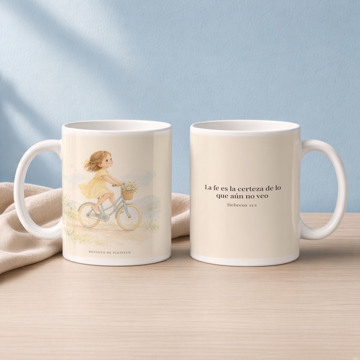 La fe es la certeza de lo que no vemos | Taza cristiana para regalar | Hebreos 11:1 — 15oz · Lectura azul sereno, arte y frase devocional en dos tazas