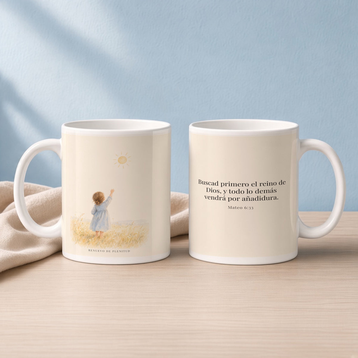 Buscad primero el reino de Dios | Taza con arte cristiano | Mateo 6:33 — 15oz · Lectura azul sereno, arte y frase devocional en dos tazas