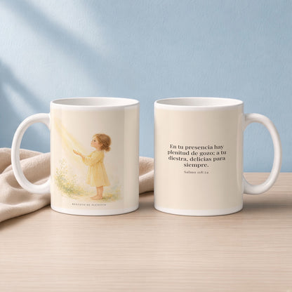 En la presencia de Jehová hay plenitud de gozo | Taza devocional de fe | Salmo 118:24 — 15oz · Lectura azul sereno, arte y frase devocional en dos tazas