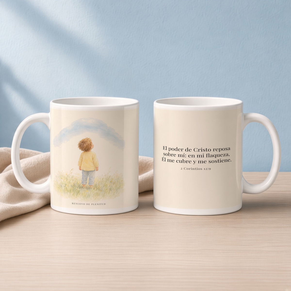 El poder de Cristo descansa sobre mí | Taza devocional ilustrada | 2 Corintios 12:9 — 15oz · Lectura azul sereno, arte y frase devocional en dos tazas