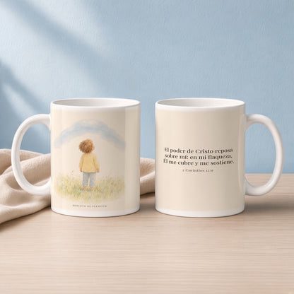 El poder de Cristo descansa sobre mí | Taza devocional ilustrada | 2 Corintios 12:9 — 15oz · Lectura azul sereno, arte y frase devocional en dos tazas
