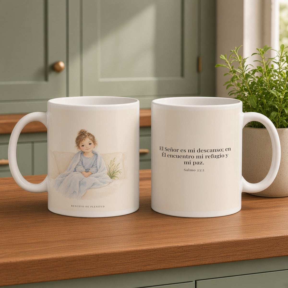 Jehová es mi descanso y mi refugio | Taza devocional de fe | Salmo 23:2 — 15oz · Cocina verde salvia, arte y frase devocional en dos tazas