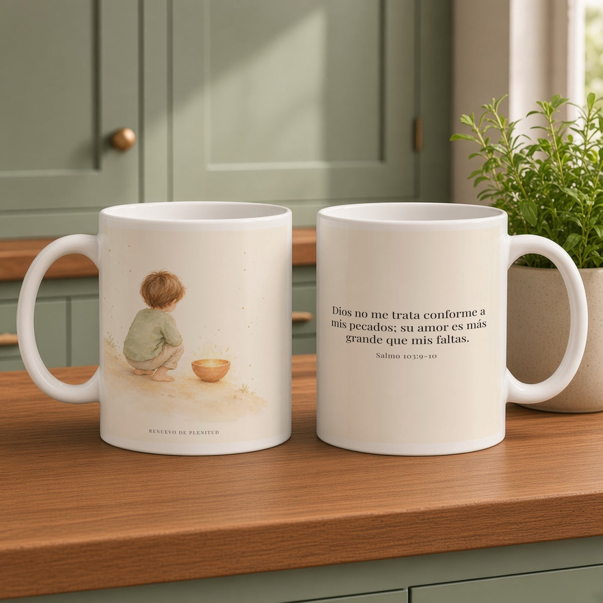 Dios no me trata como mis pecados merecen | Taza devocional ilustrada | Salmo 103:9-10 — 15oz · Cocina verde salvia, arte y frase devocional en dos tazas