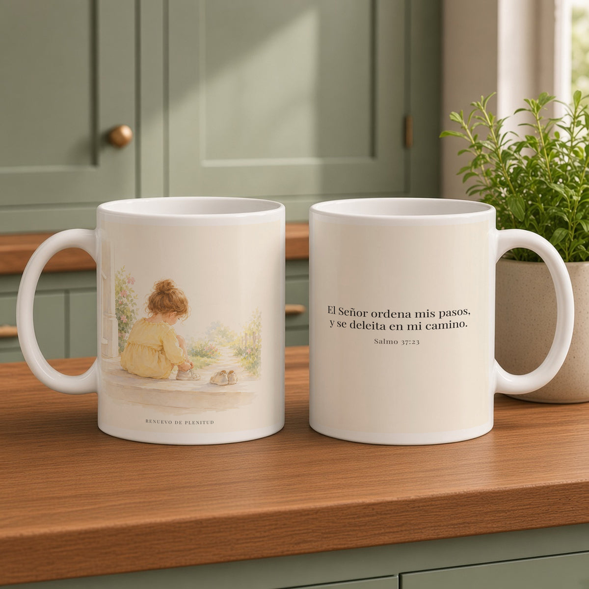 Jehová ordena mis pasos | Taza de inspiración bíblica | Salmo 37:23 — 15oz · Cocina verde salvia, arte y frase devocional en dos tazas