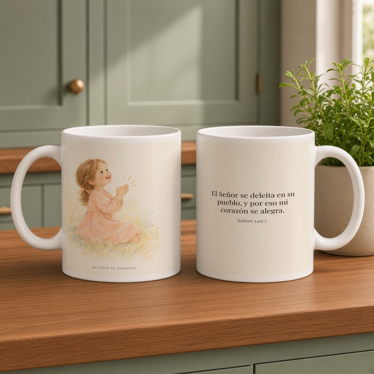El Señor se deleita en su pueblo | Taza de inspiración bíblica | Salmo 149:3 — 15oz · Cocina verde salvia, arte y frase devocional en dos tazas
