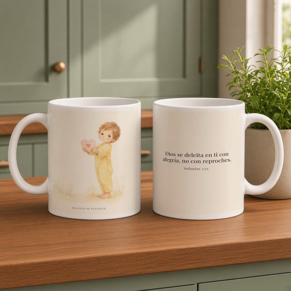 Dios se deleita en ti con alegría | Taza cristiana con frase devocional | Sofonías 3:17 — 15oz · Cocina verde salvia, arte y frase devocional en dos tazas
