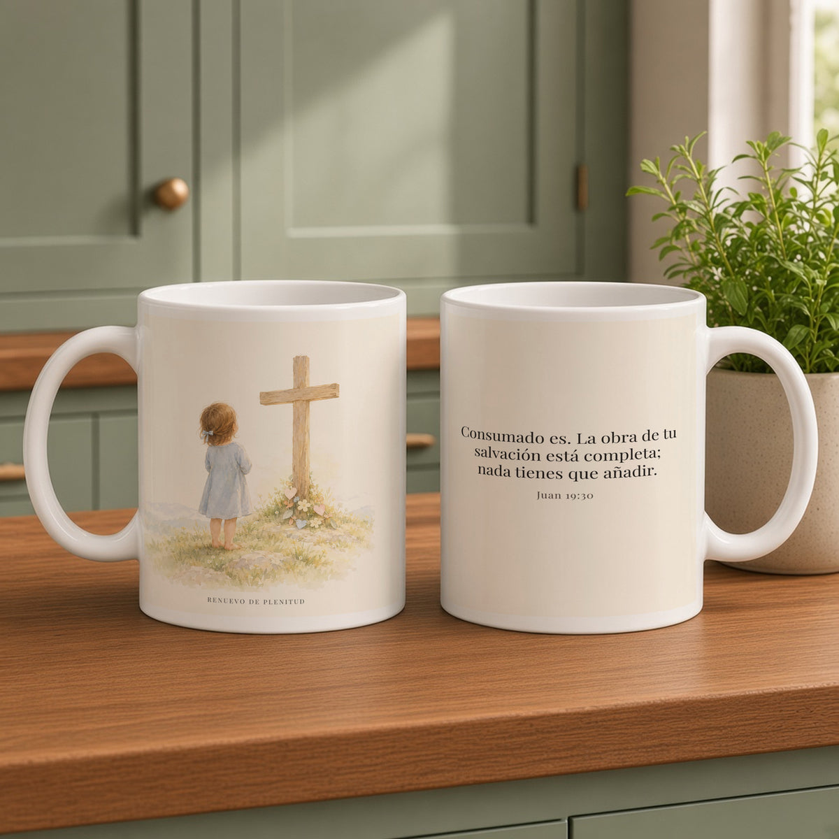 Consumado es: ya nada falta en la obra de Cristo | Taza bíblica para café | Juan 19:30 — 15oz · Cocina verde salvia, arte y frase devocional en dos tazas