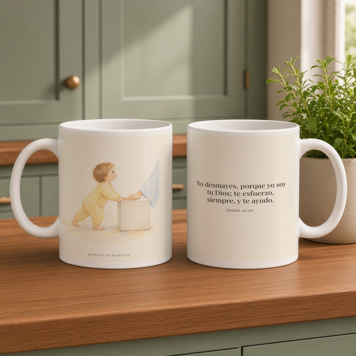 Dios me esfuerza y me ayuda | Taza bíblica para café | Isaías 41:10 — 15oz · Cocina verde salvia, arte y frase devocional en dos tazas