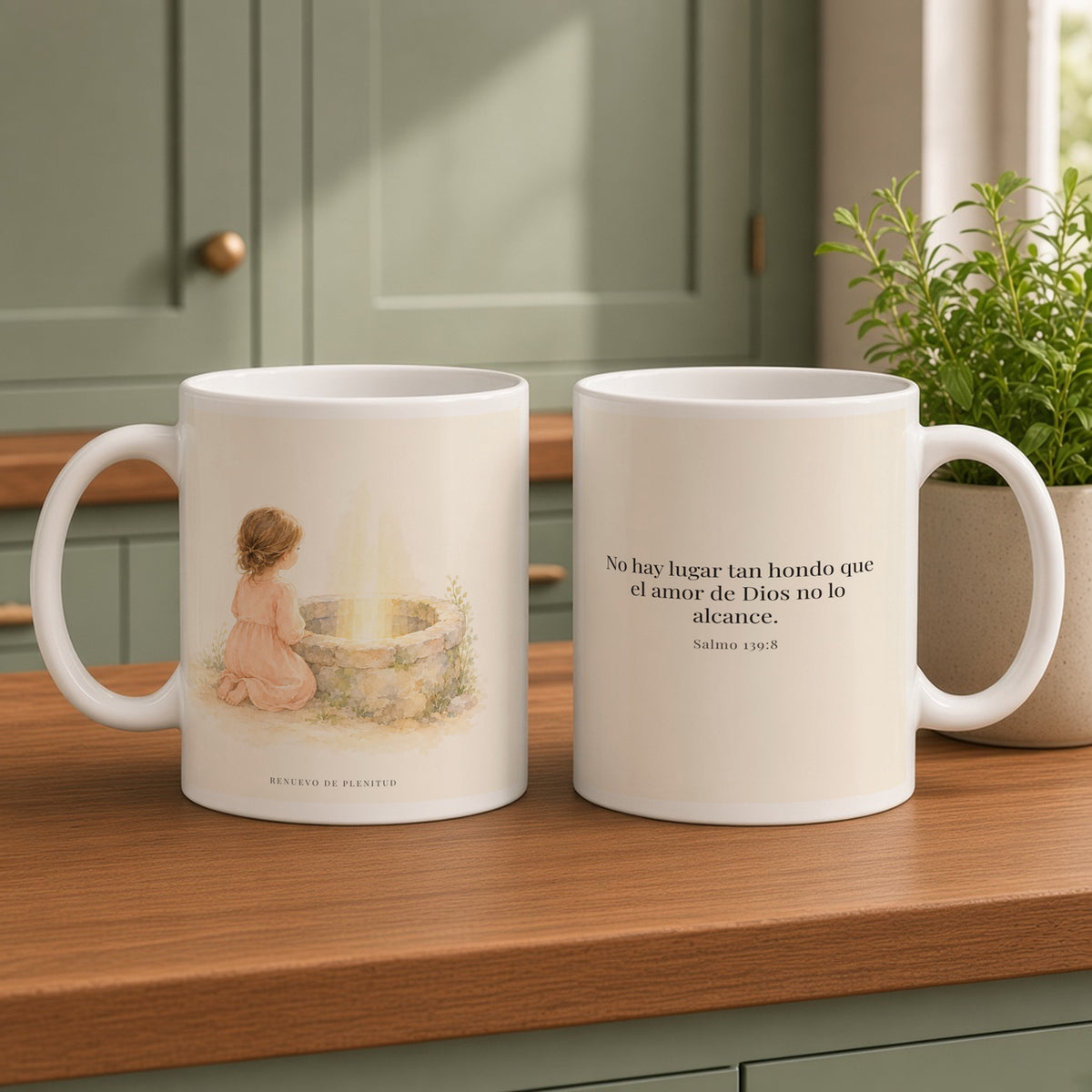 Su amor me alcanza donde yo no puedo | Taza con arte cristiano | Salmo 139:8 — 15oz · Cocina verde salvia, arte y frase devocional en dos tazas