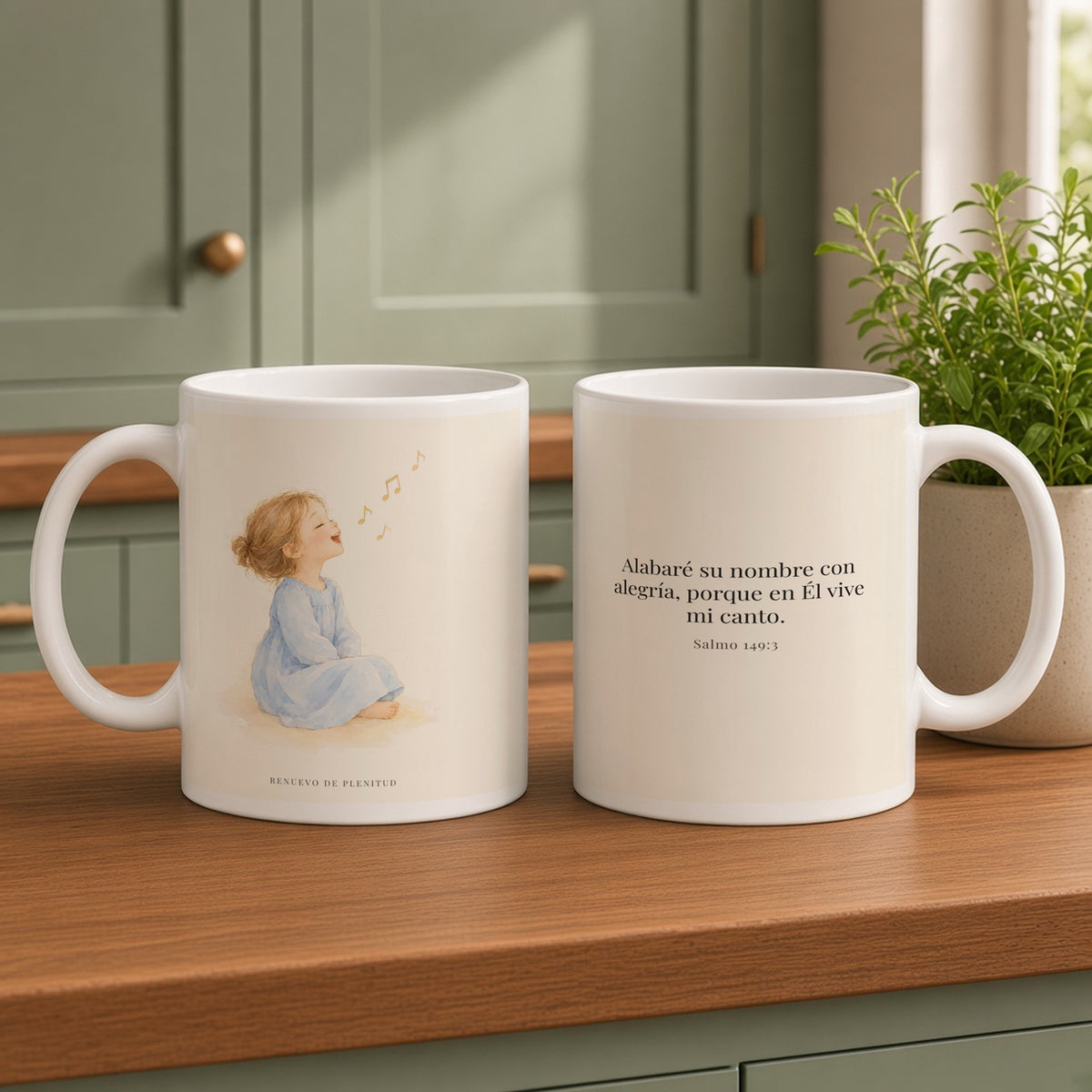 Alabaré su nombre con alegría | Taza devocional ilustrada | Salmo 149:3 — 15oz · Cocina verde salvia, arte y frase devocional en dos tazas