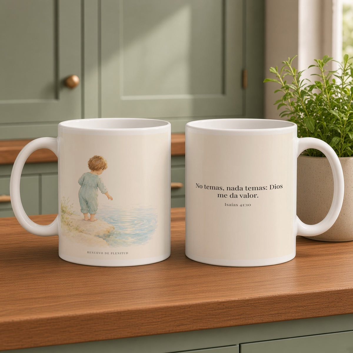 Dios me da valor cuando tiemblo | Taza cristiana con frase devocional | Isaías 41:10 — 15oz · Cocina verde salvia, arte y frase devocional en dos tazas