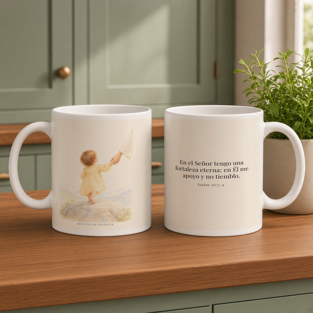 El Señor es mi fortaleza eterna | Taza con arte cristiano | Isaías 26:3-4 — 15oz · Cocina verde salvia, arte y frase devocional en dos tazas