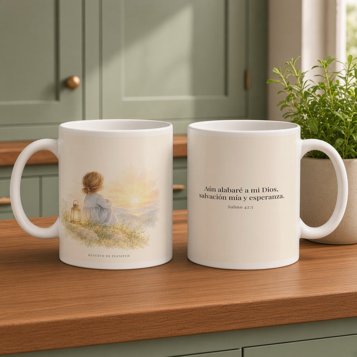 Aún he de alabar a mi Dios | Taza cristiana en dos tamaños | Salmo 42:5 — 15oz · Cocina verde salvia, arte y frase devocional en dos tazas
