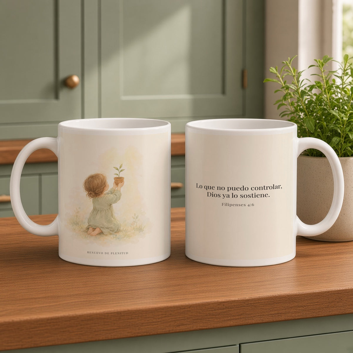 Dios cuida lo que yo no puedo controlar | Taza bíblica de cerámica | Filipenses 4:6 — 15oz · Cocina verde salvia, arte y frase devocional en dos tazas