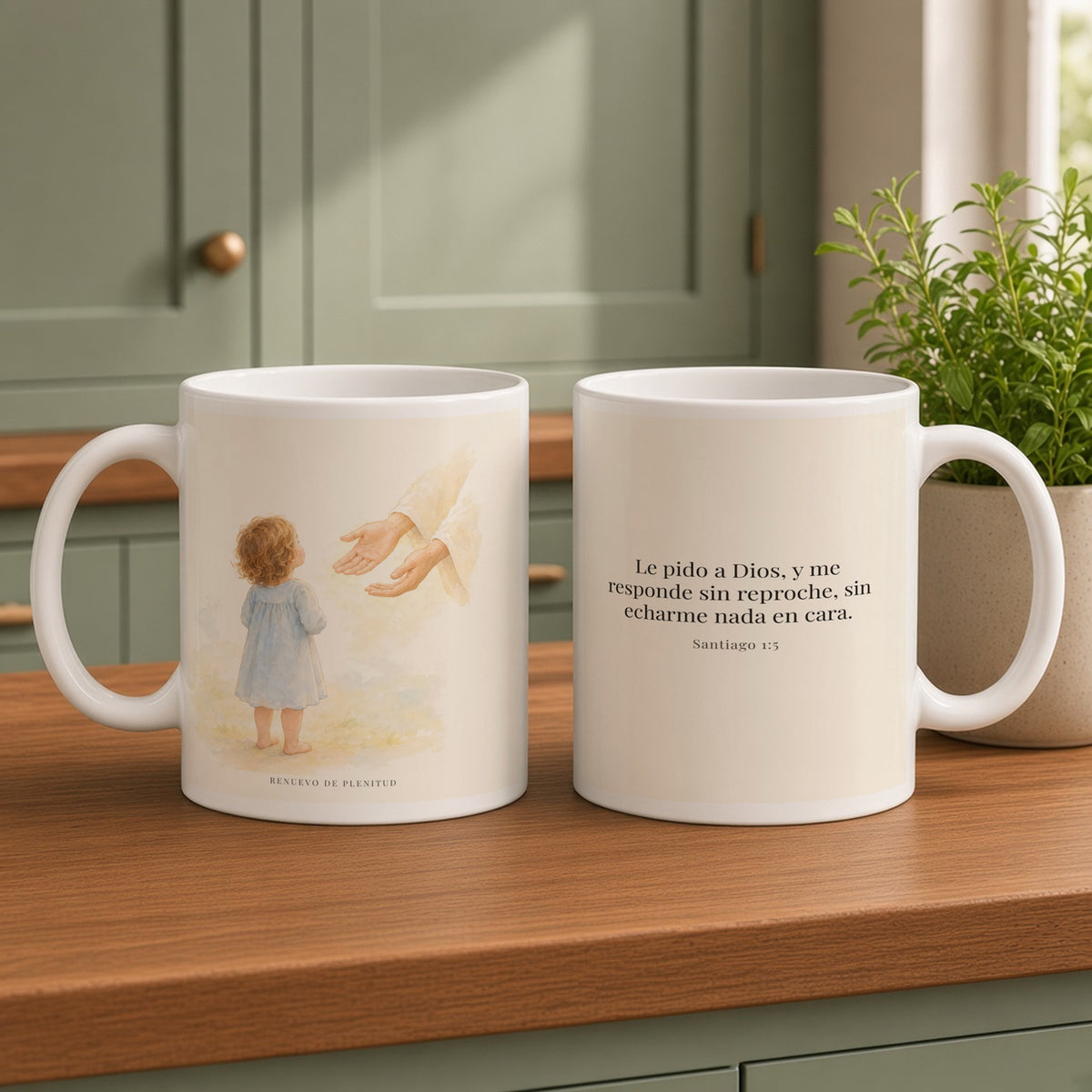 Dios me responde sin echármelo en cara | Taza devocional ilustrada | Santiago 1:5 — 15oz · Cocina verde salvia, arte y frase devocional en dos tazas