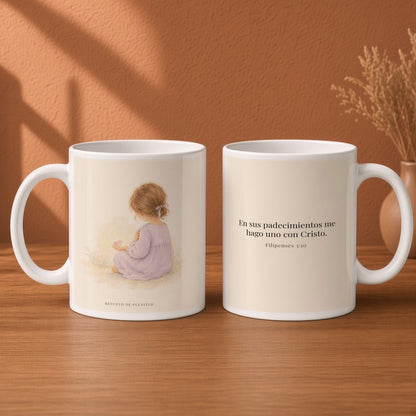 Participar de sus padecimientos me acerca a Él | Taza devocional ilustrada | Filipenses 3:10 — 15oz · Desayuno terracota, arte y frase devocional en dos tazas