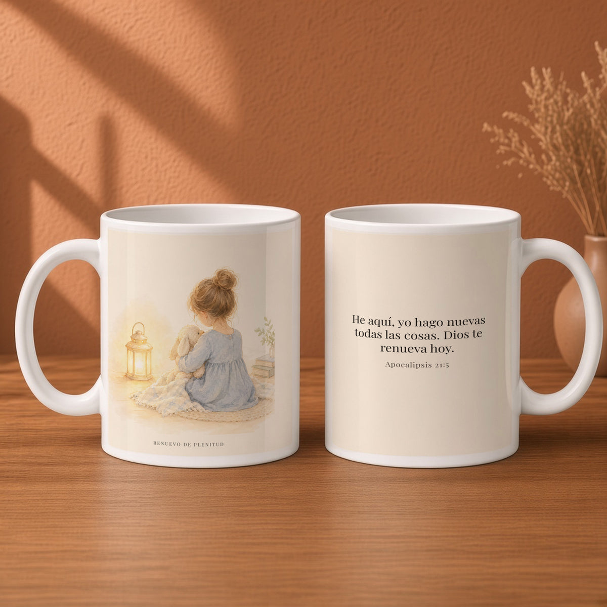 Dios hace nuevas todas las cosas | Taza de inspiración bíblica | Apocalipsis 21:5 — 15oz · Desayuno terracota, arte y frase devocional en dos tazas