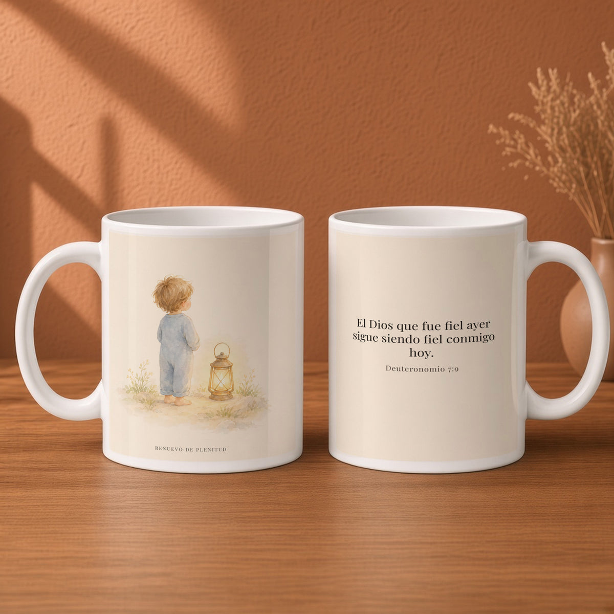 Fiel ayer, fiel hoy, fiel para siempre | Taza bíblica de cerámica | Deuteronomio 7:9 — 15oz · Desayuno terracota, arte y frase devocional en dos tazas
