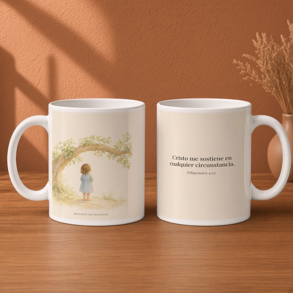 Cristo me sostiene en cualquier circunstancia | Taza devocional de fe | Filipenses 4:13 — 15oz · Desayuno terracota, arte y frase devocional en dos tazas