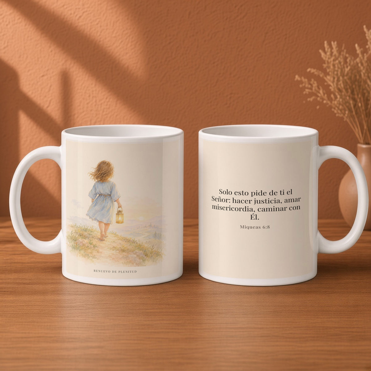 Solo esto pide de ti el Señor | Taza bíblica para café | Miqueas 6:8 — 15oz · Desayuno terracota, arte y frase devocional en dos tazas