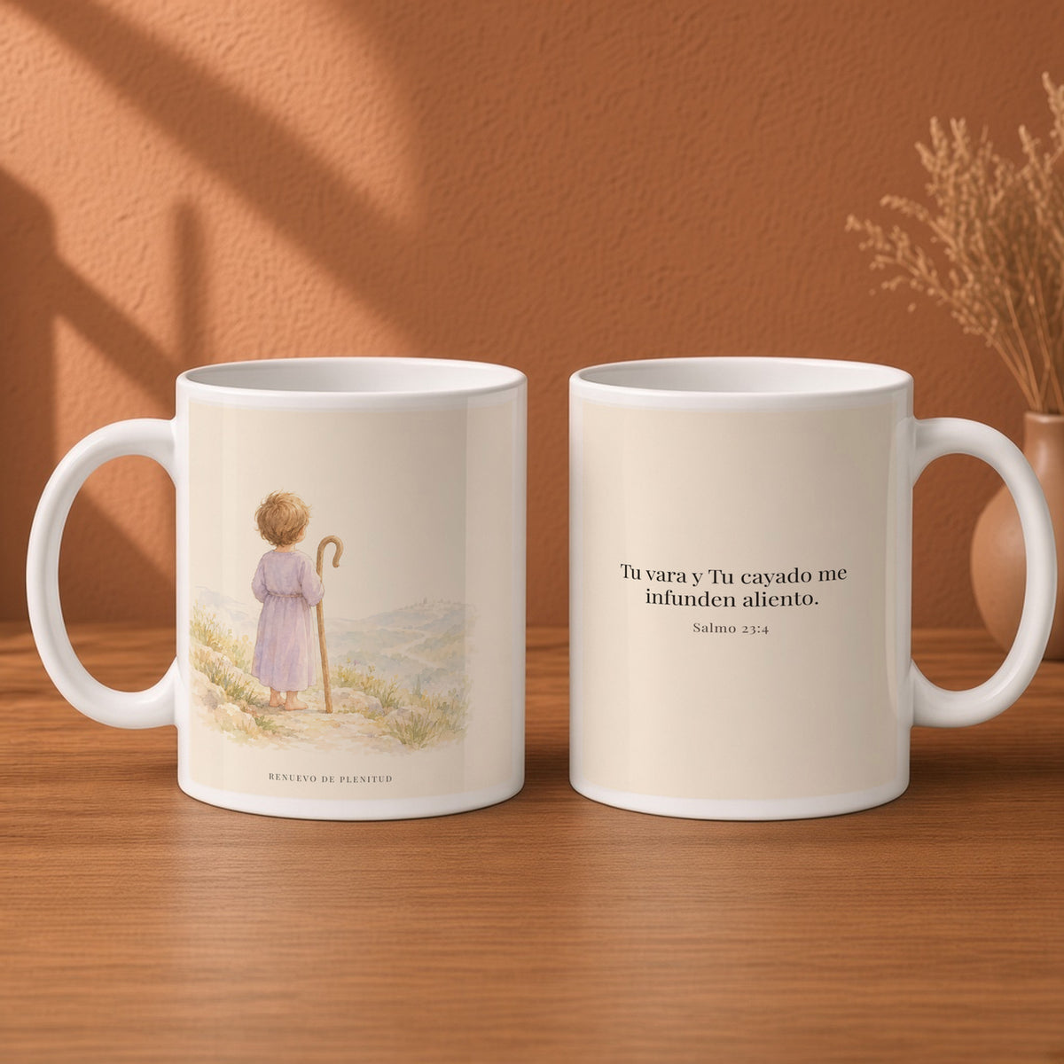 Tu vara y Tu cayado me infunden aliento | Taza devocional ilustrada | Salmo 23:4 — 15oz · Desayuno terracota, arte y frase devocional en dos tazas