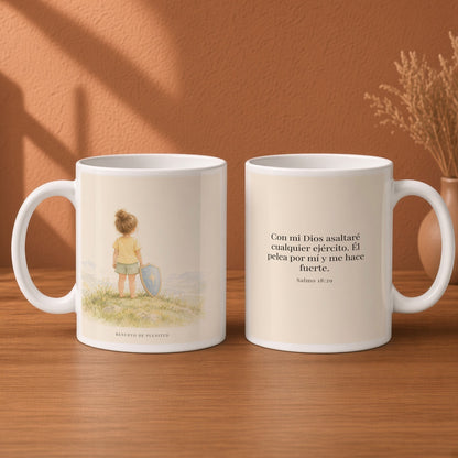 Con mi Dios asaltaré ejércitos | Taza cristiana en dos tamaños | Salmo 18:29 — 15oz · Desayuno terracota, arte y frase devocional en dos tazas