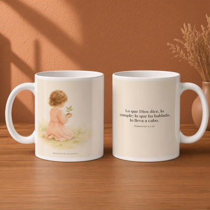 Lo que Dios dice, lo hace | Taza bíblica de cerámica | Números 23:19 — 15oz · Desayuno terracota, arte y frase devocional en dos tazas