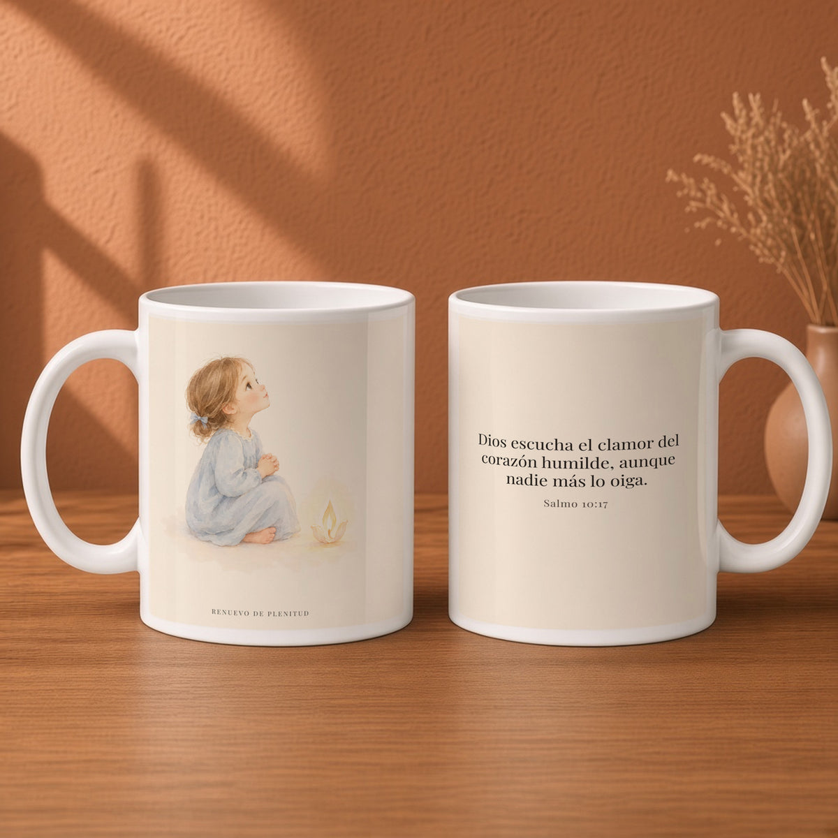 Dios escucha mi oración más callada | Taza devocional de fe | Salmo 10:17 — 15oz · Desayuno terracota, arte y frase devocional en dos tazas