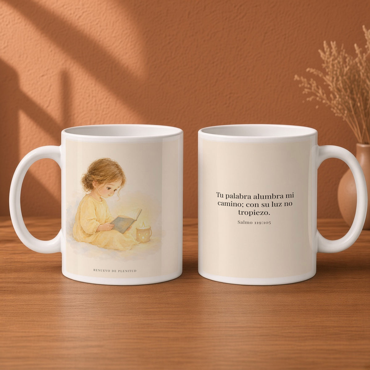 Tu palabra alumbra mi camino | Taza de inspiración bíblica | Salmo 119:105 — 15oz · Desayuno terracota, arte y frase devocional en dos tazas