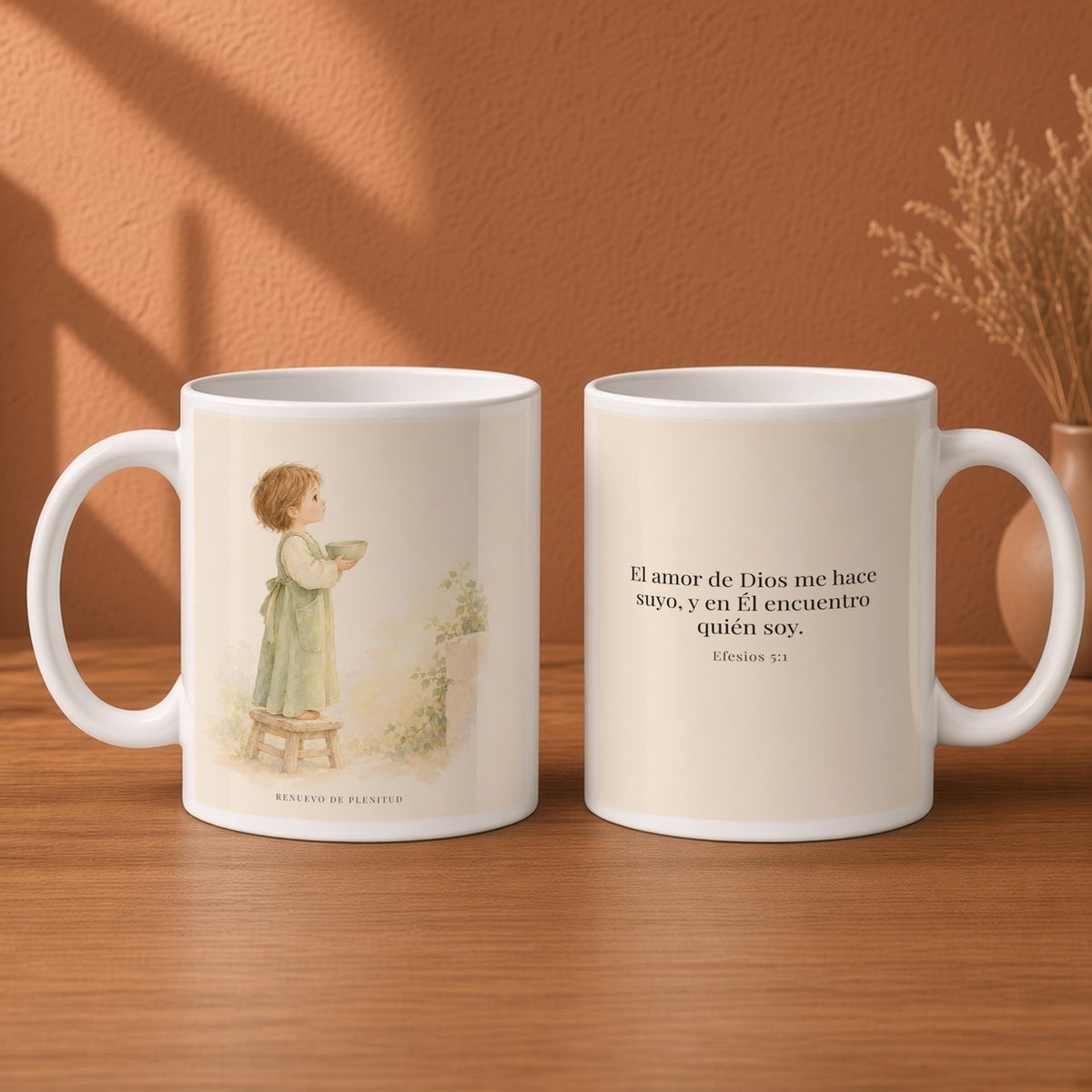 El amor de Dios me hace suyo | Taza cristiana para regalar | Efesios 5:1 — 15oz · Desayuno terracota, arte y frase devocional en dos tazas