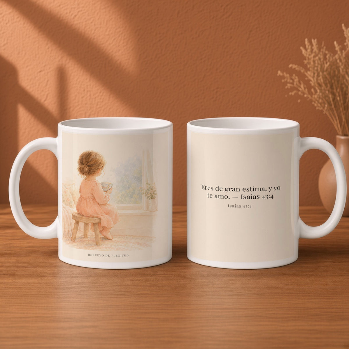 Serás precioso a los ojos de Dios | Taza bíblica de cerámica | Isaías 43:4 — 15oz · Desayuno terracota, arte y frase devocional en dos tazas