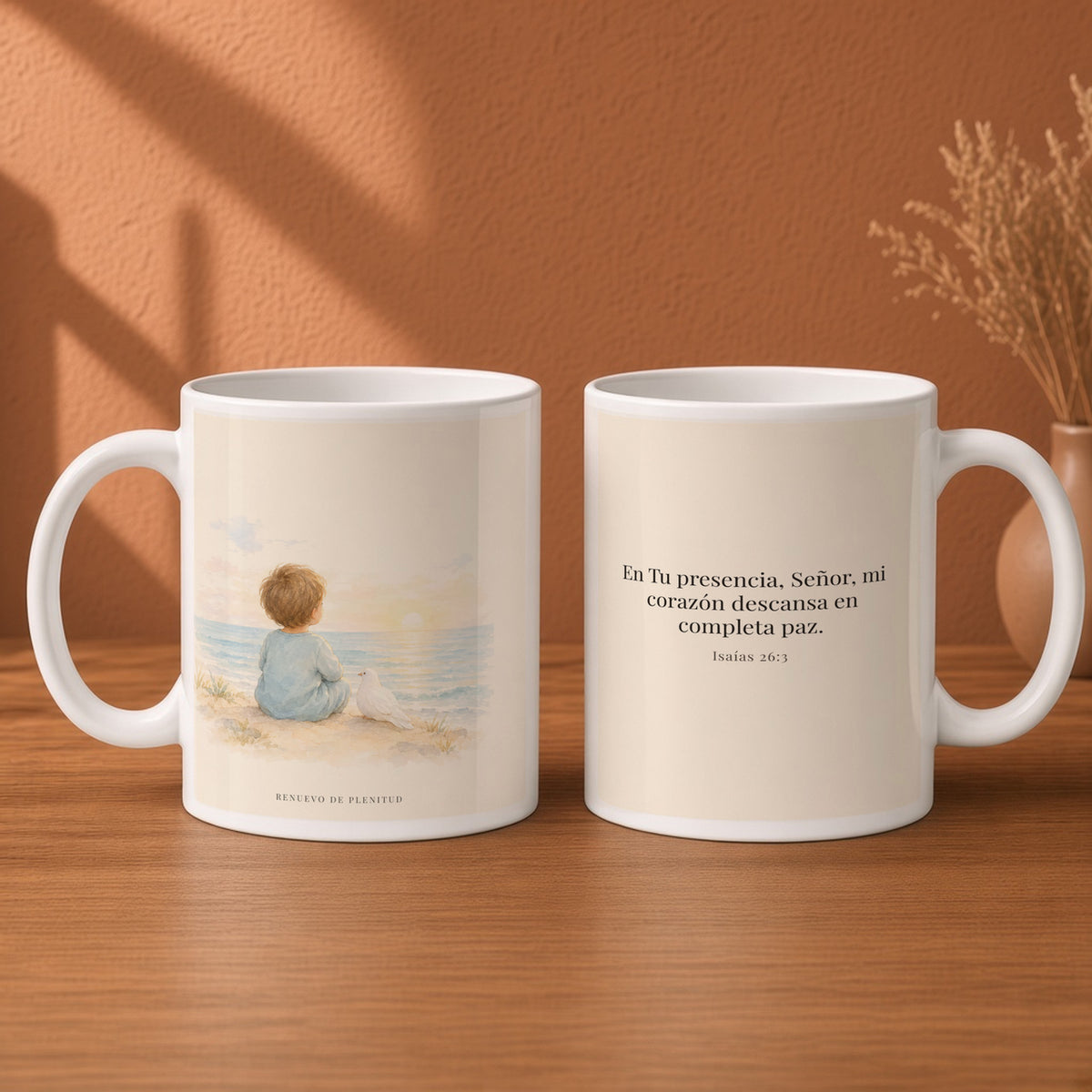 Tú guardarás en completa paz a quien confía en ti | Taza de fe para cada mañana | Isaías 26:3 — 15oz · Desayuno terracota, arte y frase devocional en dos tazas