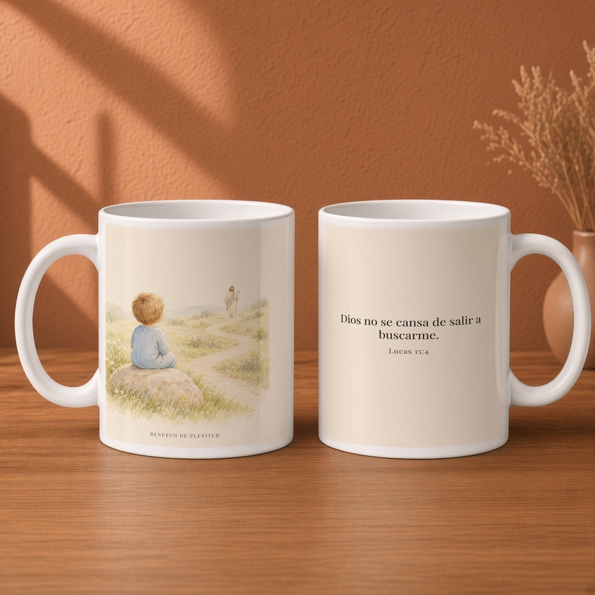 Dios no se cansa de buscarme | Taza bíblica para café | Lucas 15:4 — 15oz · Desayuno terracota, arte y frase devocional en dos tazas