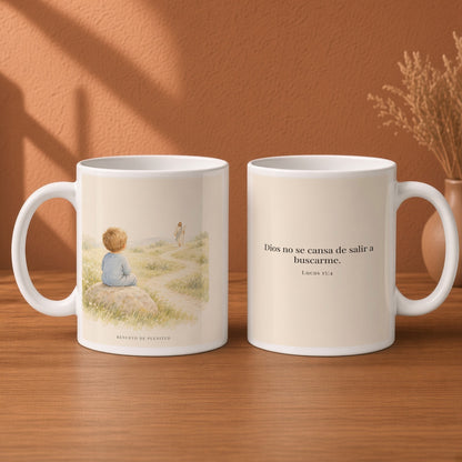 Dios no se cansa de buscarme | Taza bíblica para café | Lucas 15:4 — 15oz · Desayuno terracota, arte y frase devocional en dos tazas